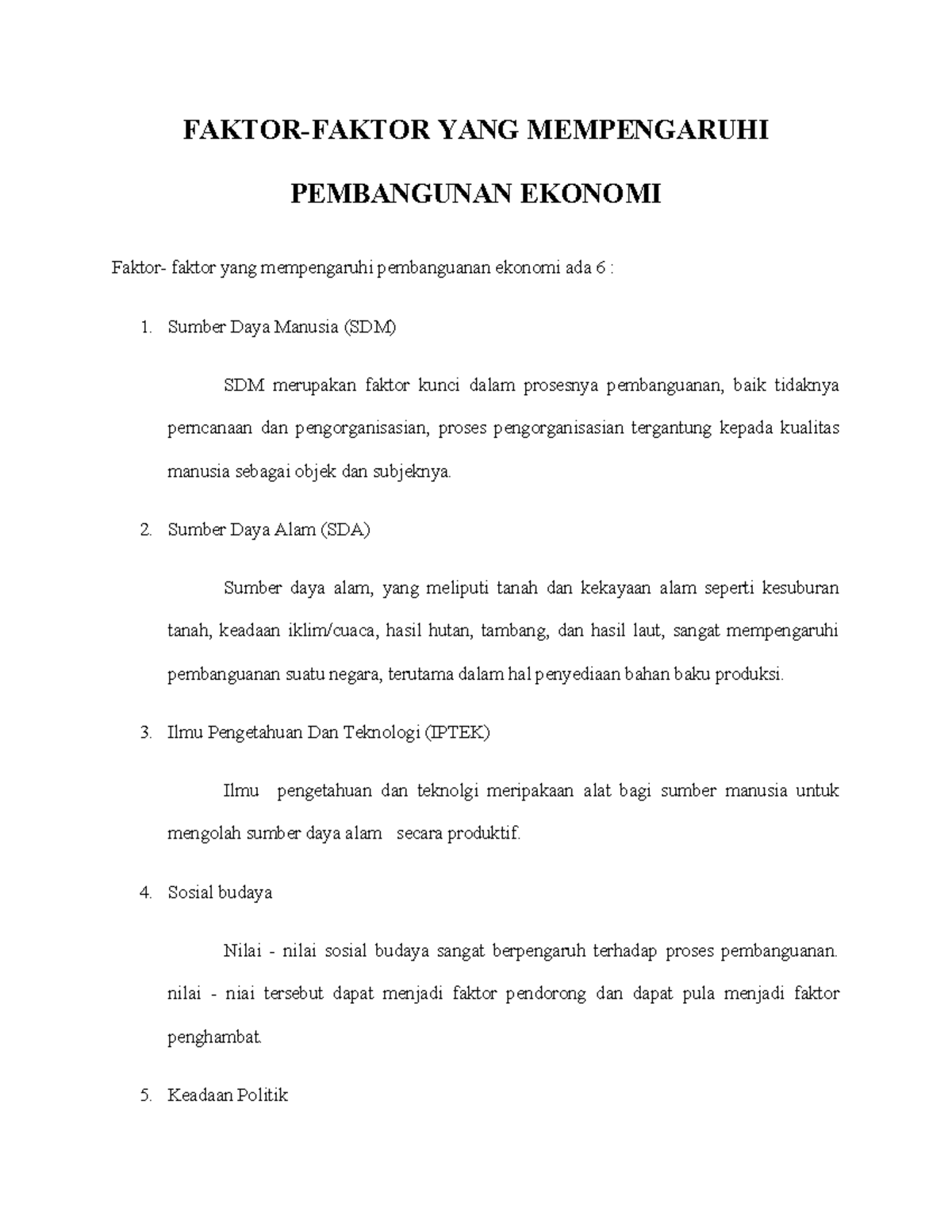 Pembangunan Ekonomi Faktor Faktor Yang Mempengaruhi Pembangunan