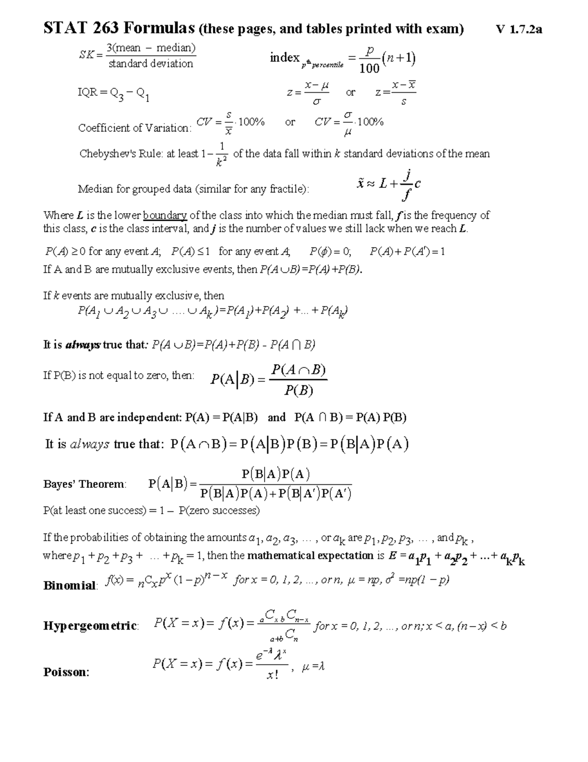 Finalformulaesheet 1 7 Stat 263 Studocu