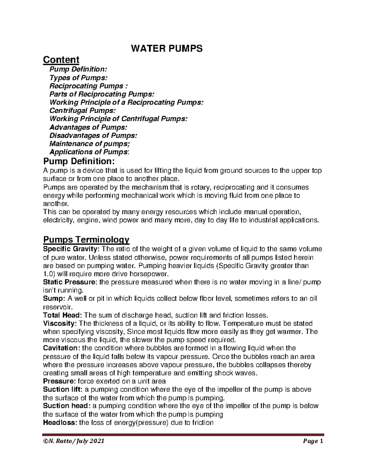 Water Pumps WATER PUMPS Content Pump Definition Types of Pumps