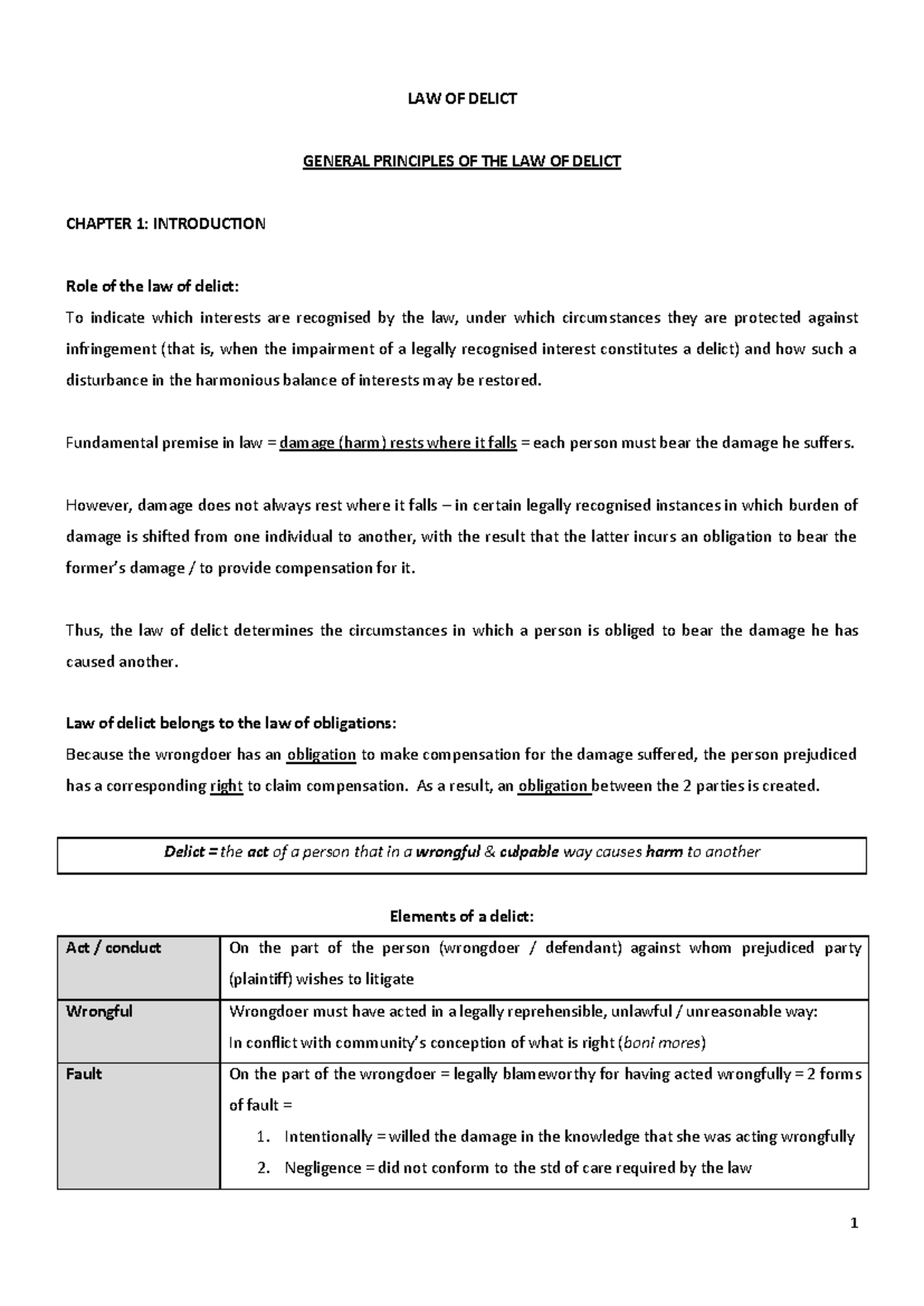 Law of Delict Summary Guide - LAW OF DELICT GENERAL PRINCIPLES OF THE ...