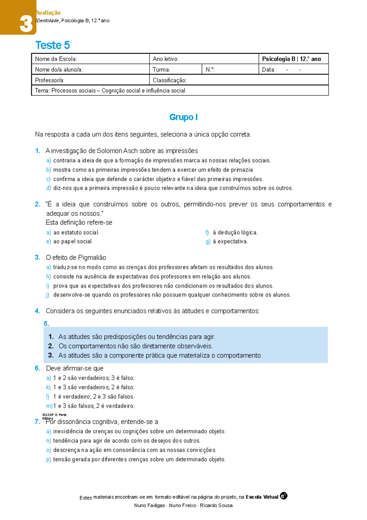 Id12epdp Avaliacao Teste 5 - IDentidade, Psicologia B, 12. ̊ Ano Teste ...