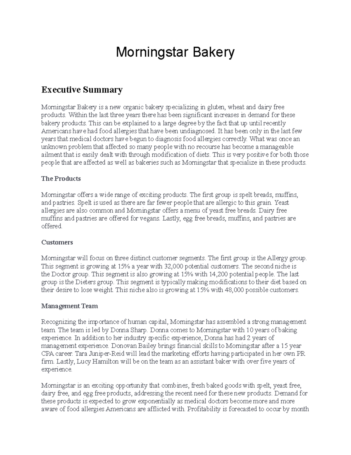 Business Plan Morningstar Bakery Morningstar Bakery Executive