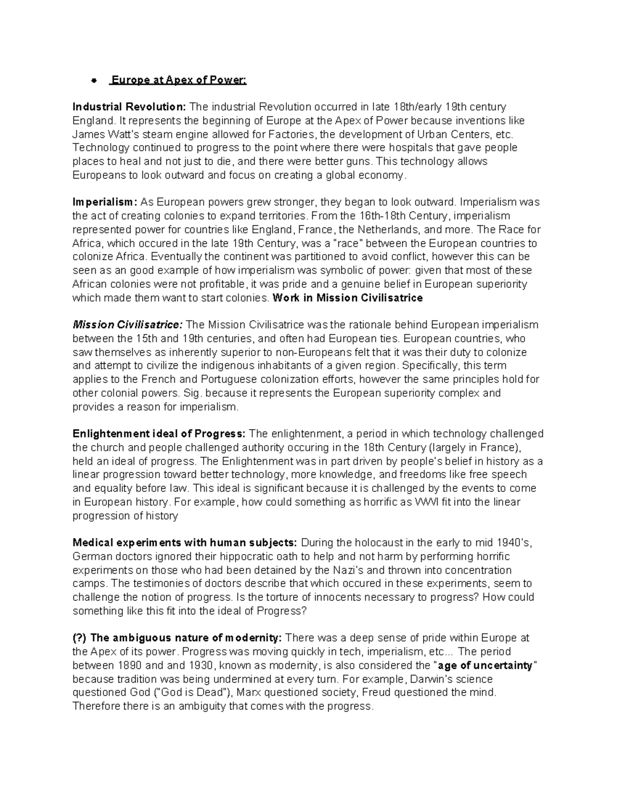 EUS Final Study Guide - Europe at Apex of Power: Industrial Revolution ...
