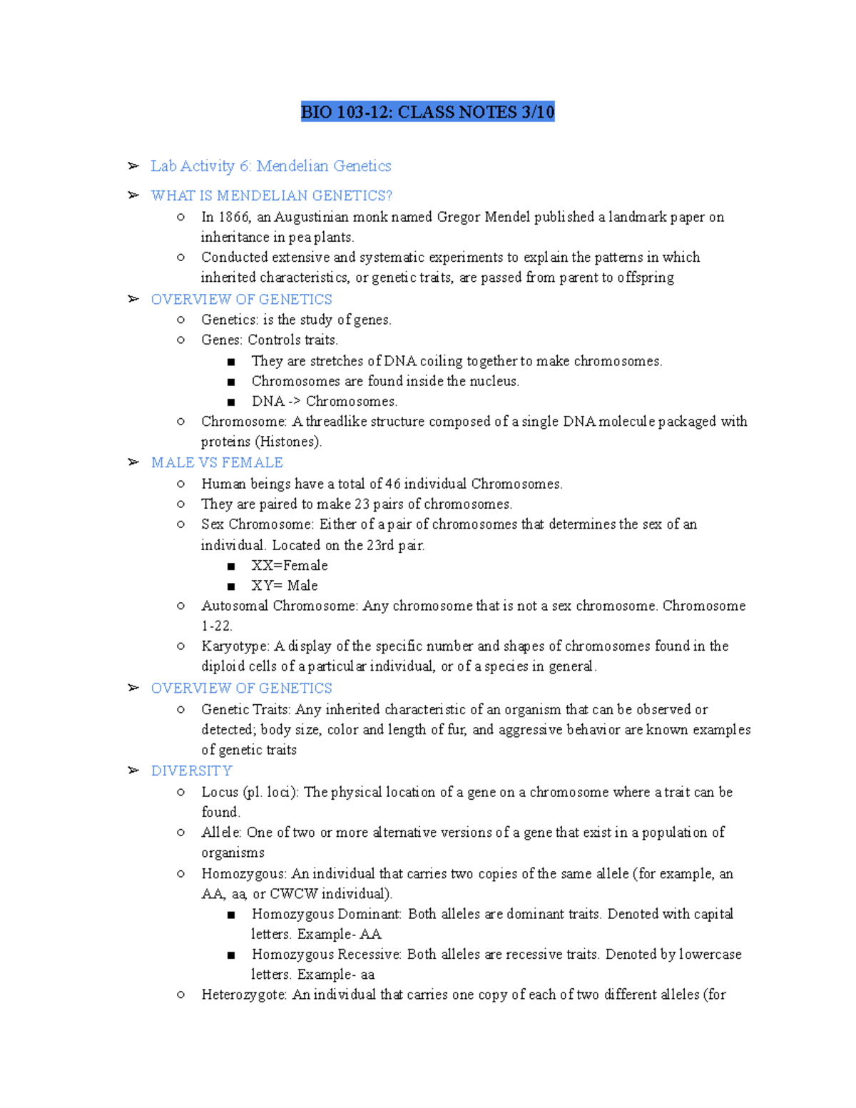 BIO 103 - Mendelian Genetics - BIO 103-12: CLASS NOTES 3/ Lab Activity ...