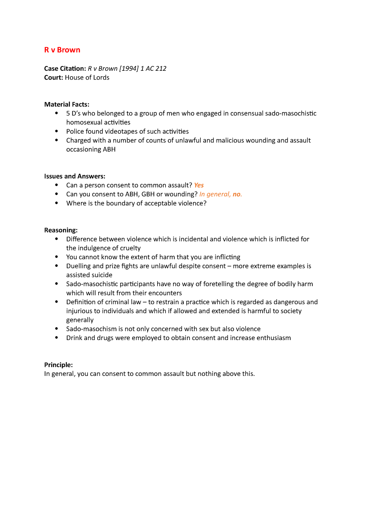 R v Brown Case Summary R v Brown Case Citation R v Brown [1994] 1 AC