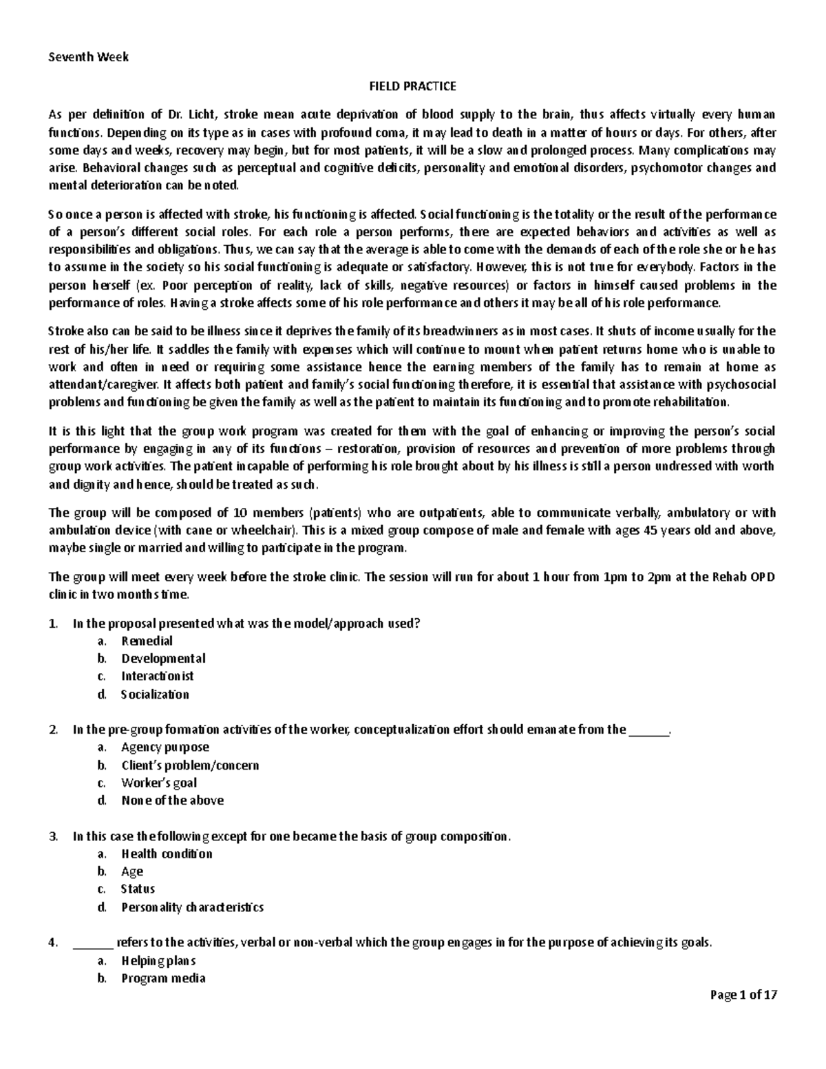 Field Practice (7th Week) Seventh Week FIELD PRACTICE As per