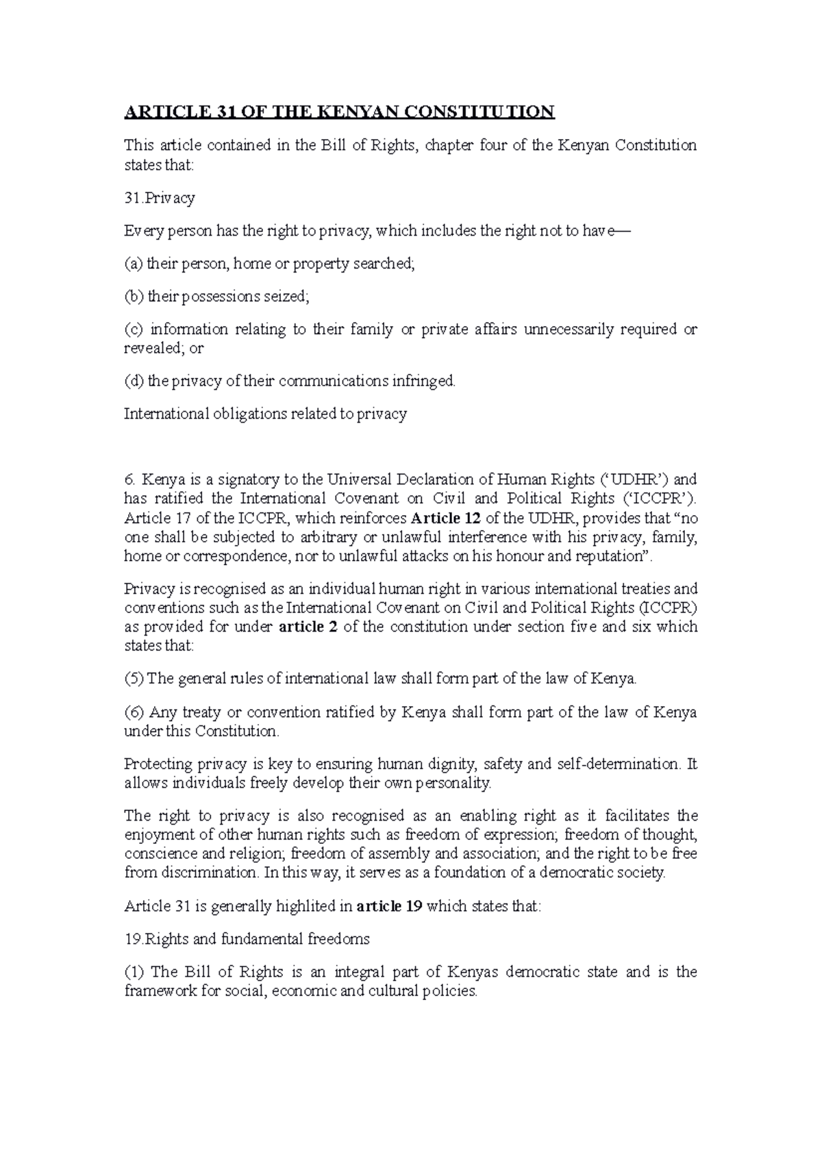 Draft two article 31 - constitutional law - KU - Studocu