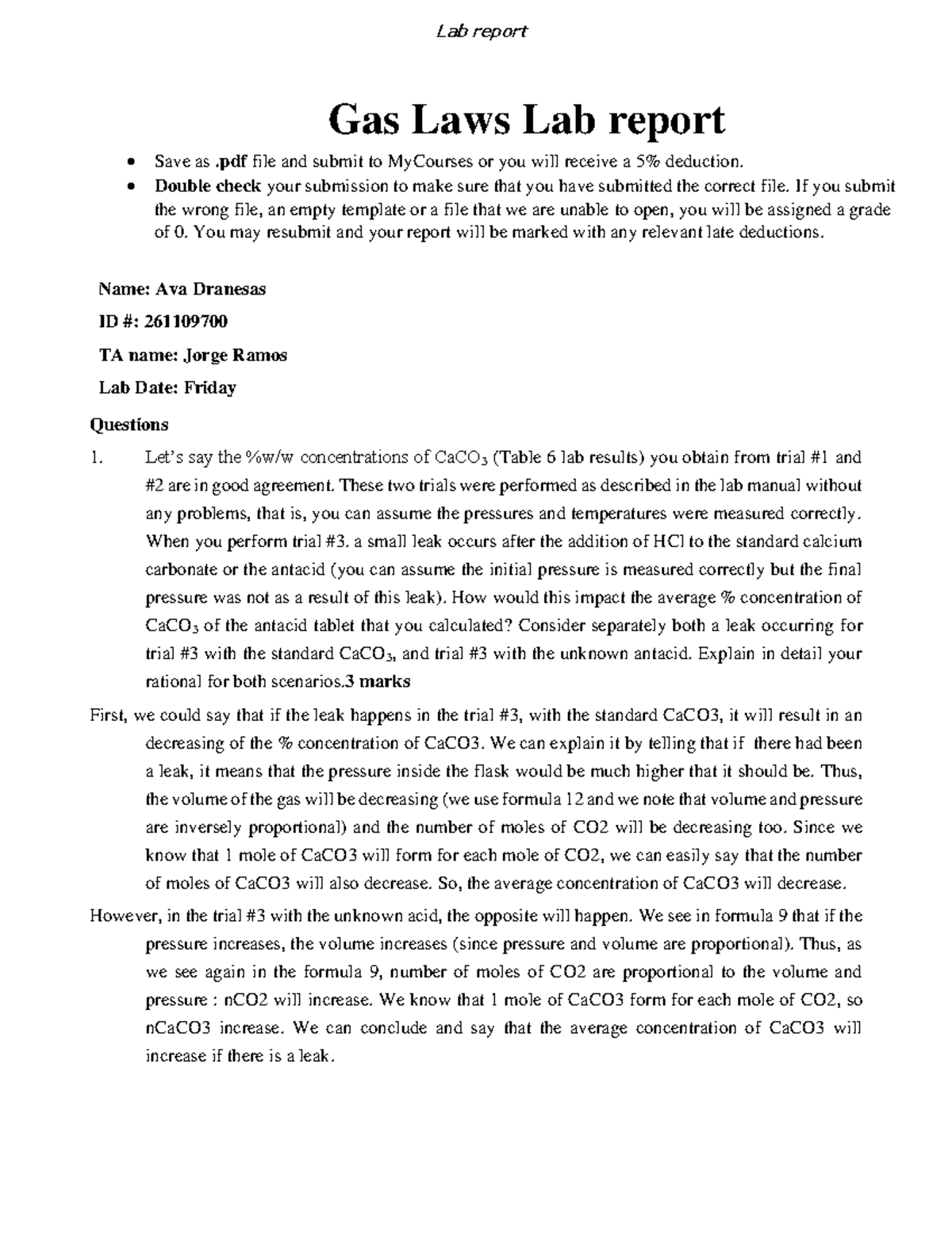 Gas laws report Lab report Gas Laws Lab report Save as .pdf file and
