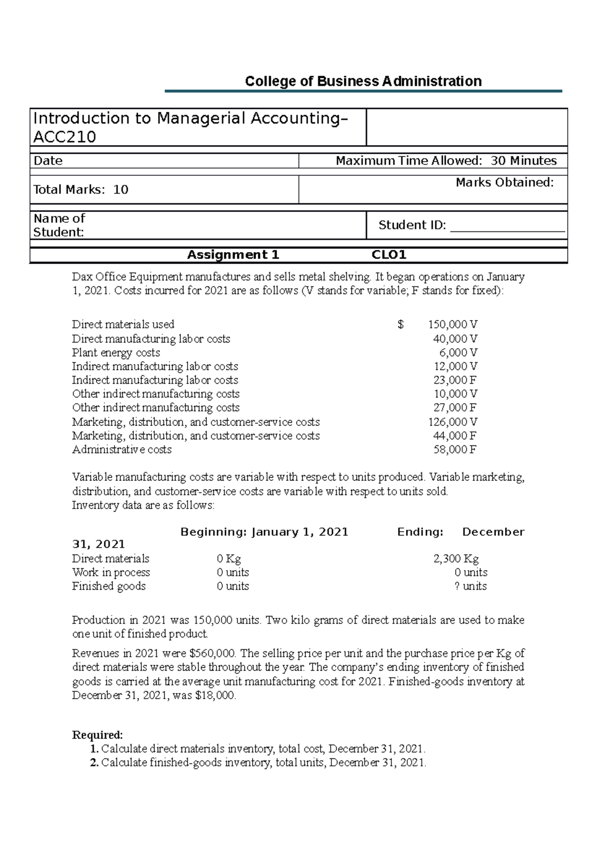 Assignment 1 - College of Business Administration Introduction to ...