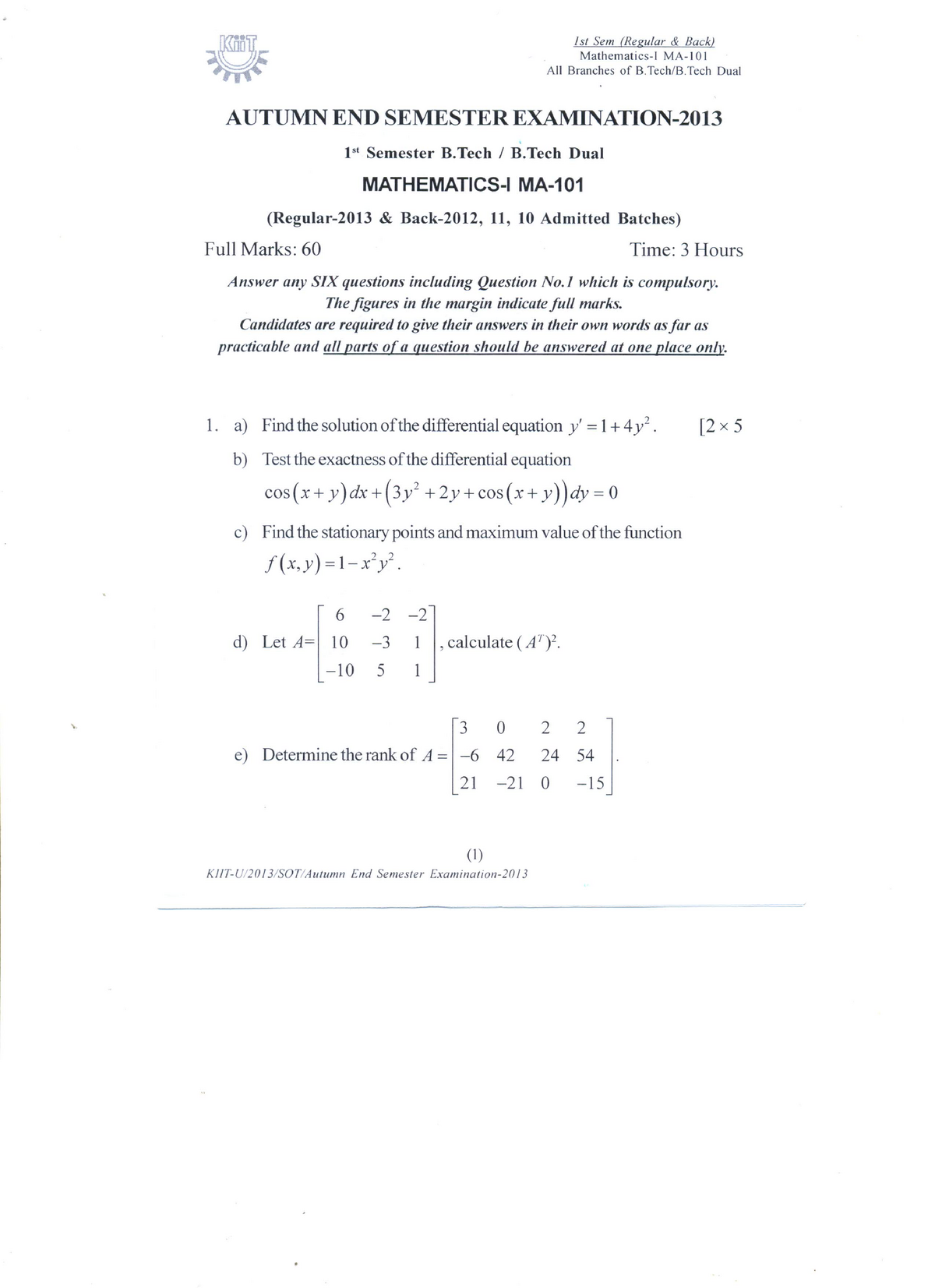 Mathematics - I (1st Semester B. Tech - B. Tech Dual) - 2013 - Studocu