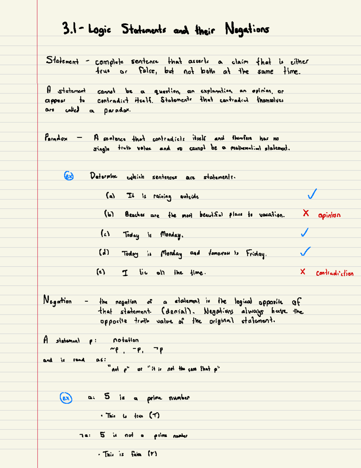 Section 3.1 Notes - I Logic Statements and their Negations Statement ...