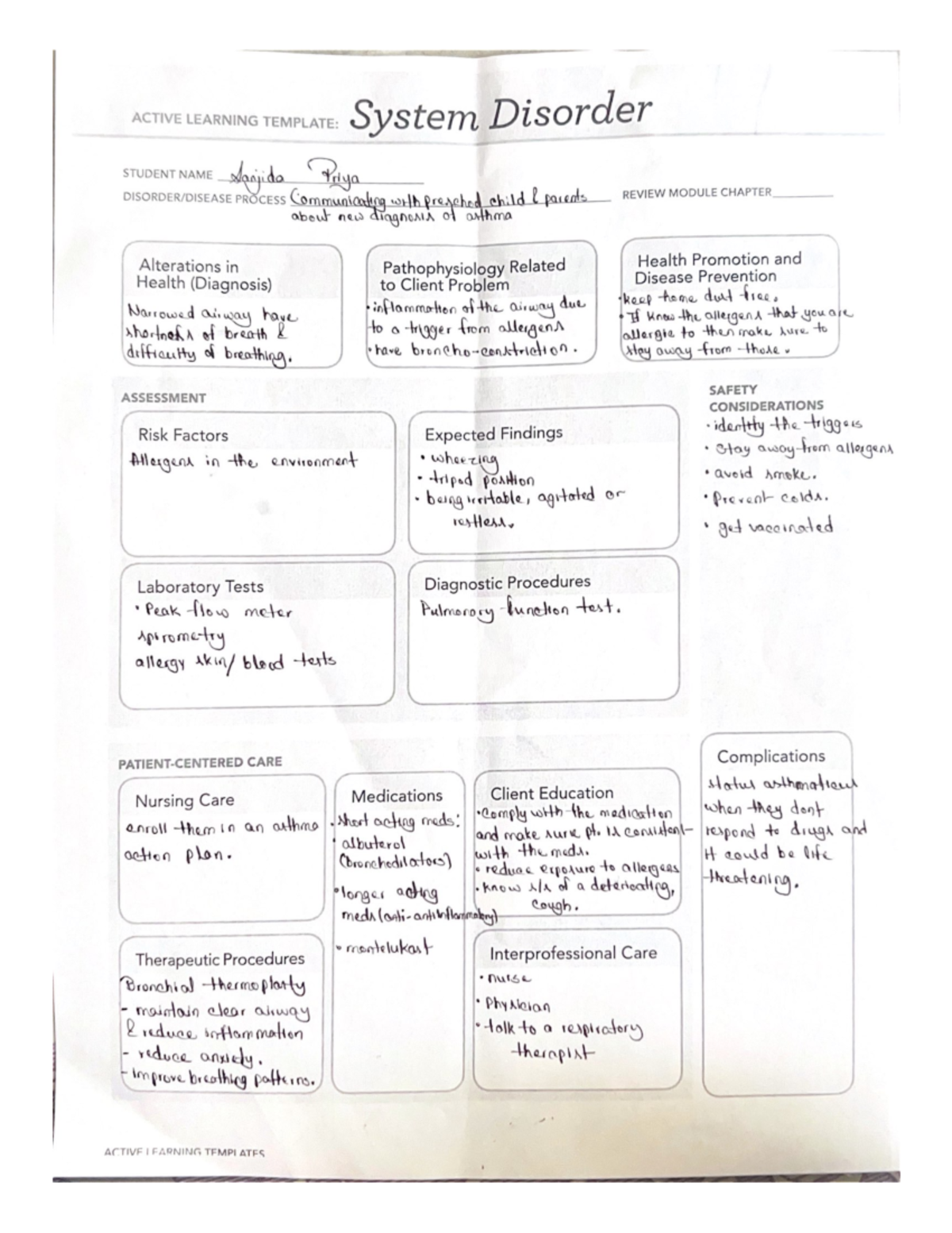 Asthma System Disorder Template - NUR 410B - Studocu