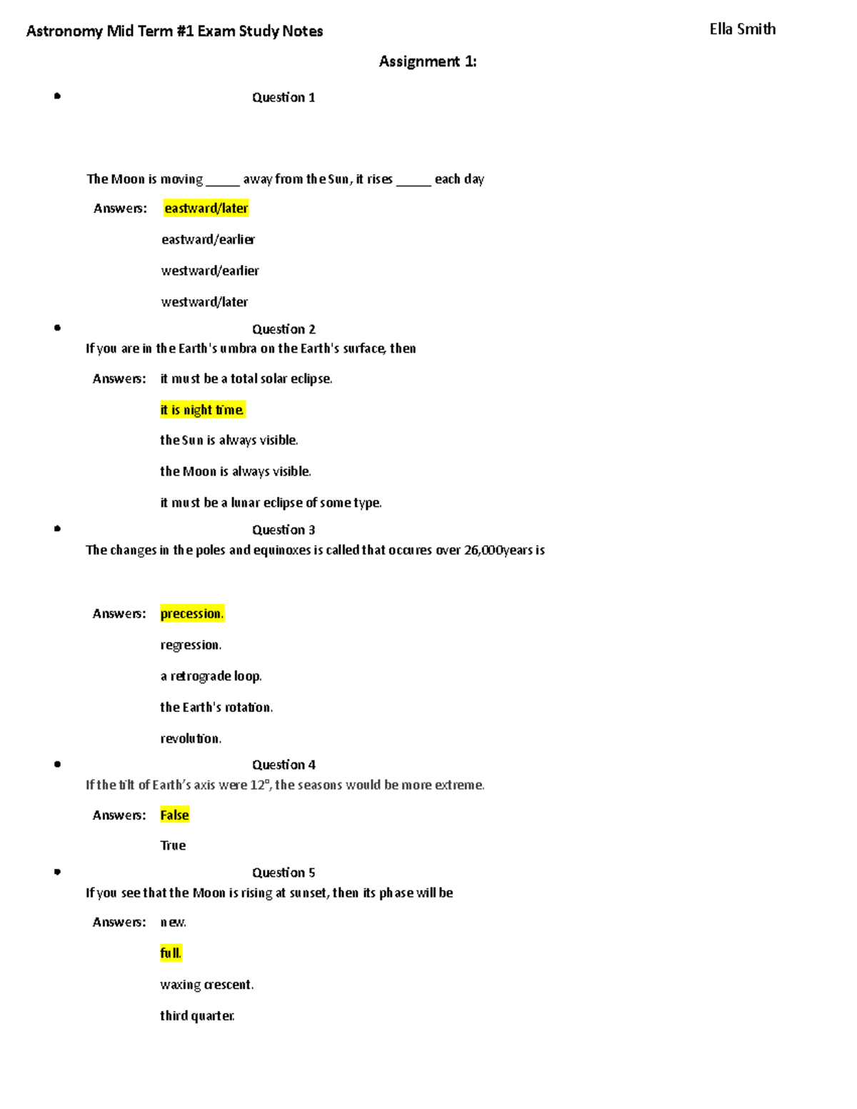 Astronomy Midterm 1 Study Notes - Assignment 1: Question 1 The Moon Is ...