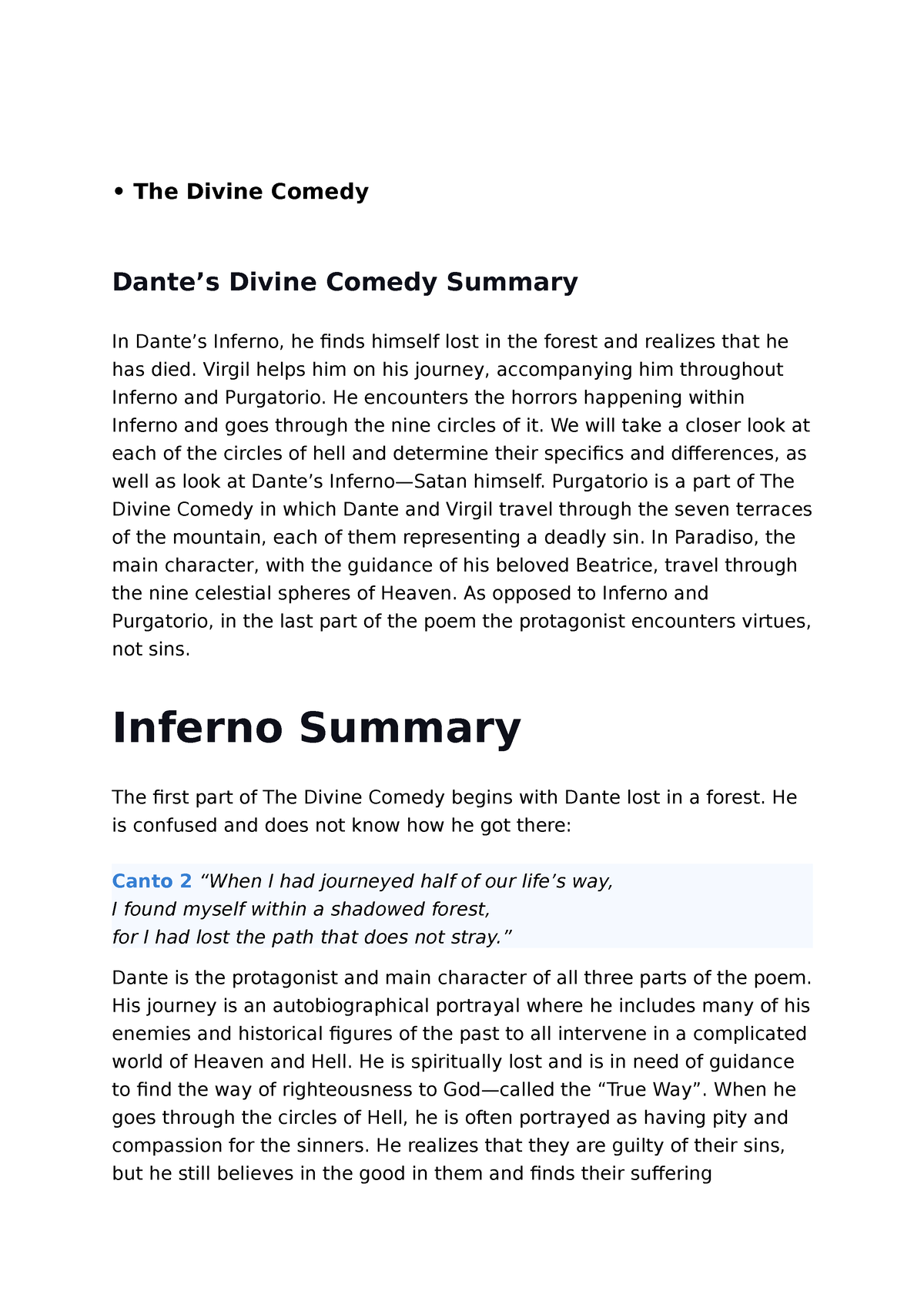 Dante's Inferno Summary 