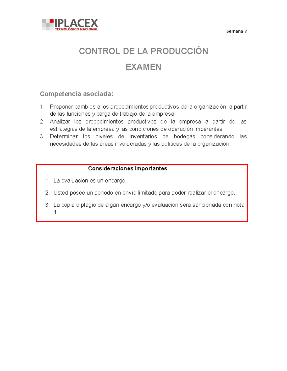 EVA 7A en blanco - CONTROL DE LA PRODUCCIÓN EXAMEN Competencia asociada ...