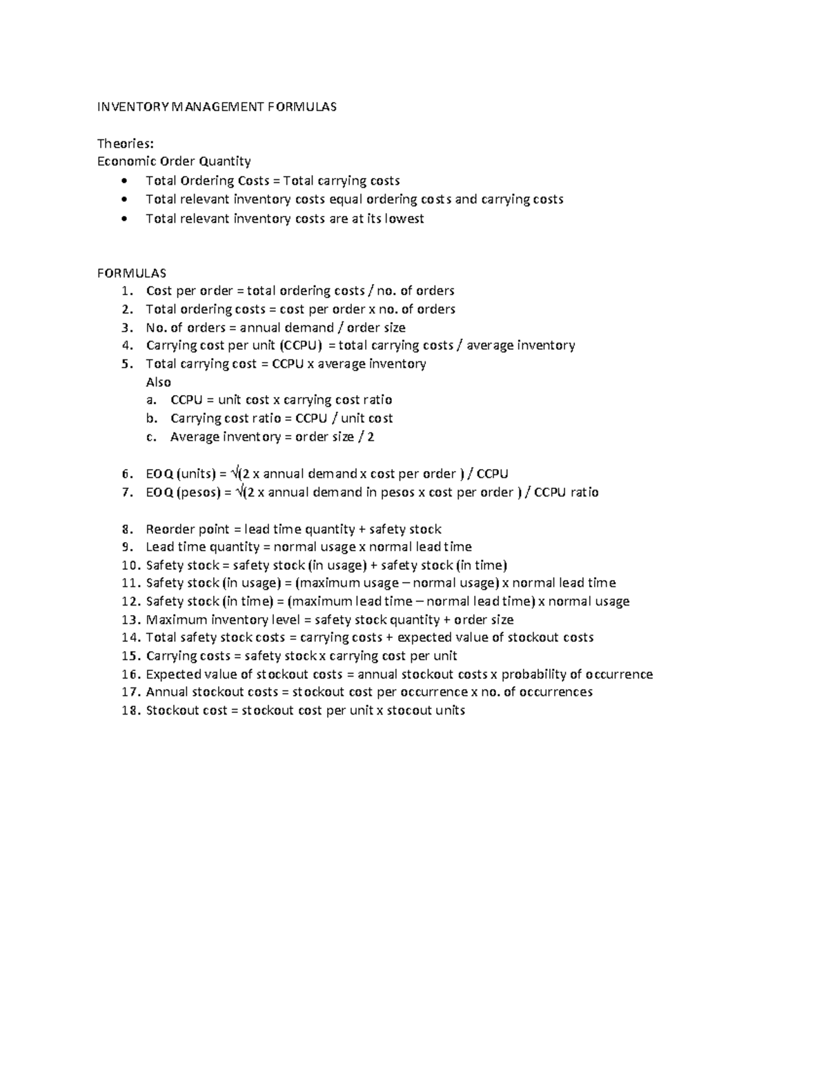 Inventory- Management- Formulas - INVENTORY MANAGEMENT FORMULAS ...