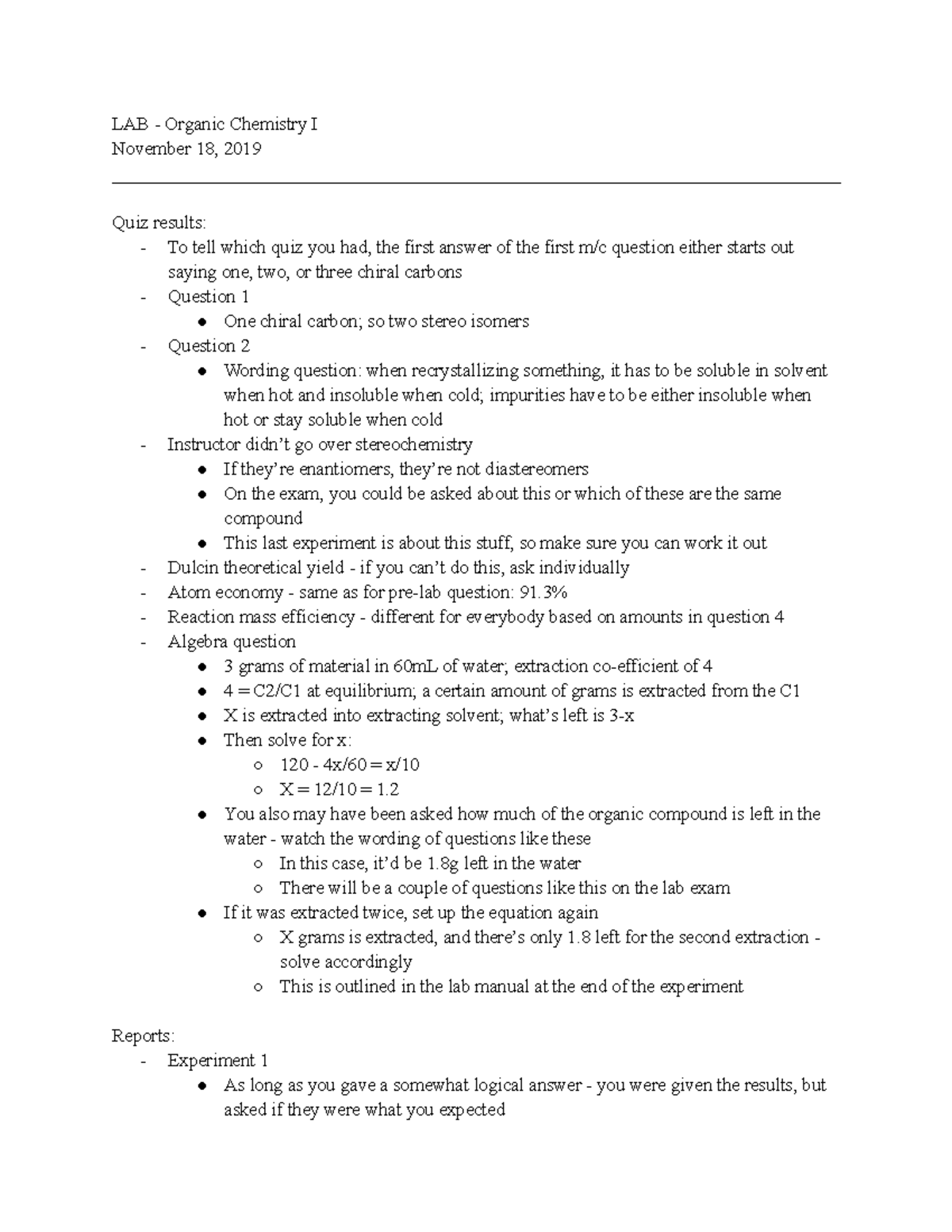 Organic Chemistry I Lab (Nov 18, 2019) - LAB - Organic Chemistry I ...