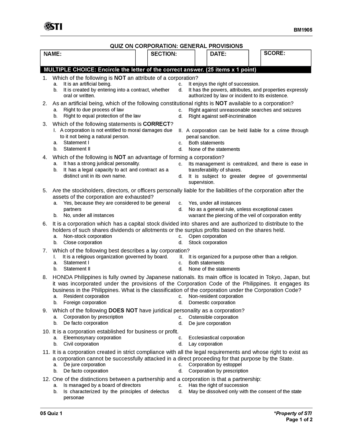 05 Quiz 1 - Business Law Quiz - QUIZ ON CORPORATION: GENERAL PROVISIONS ...