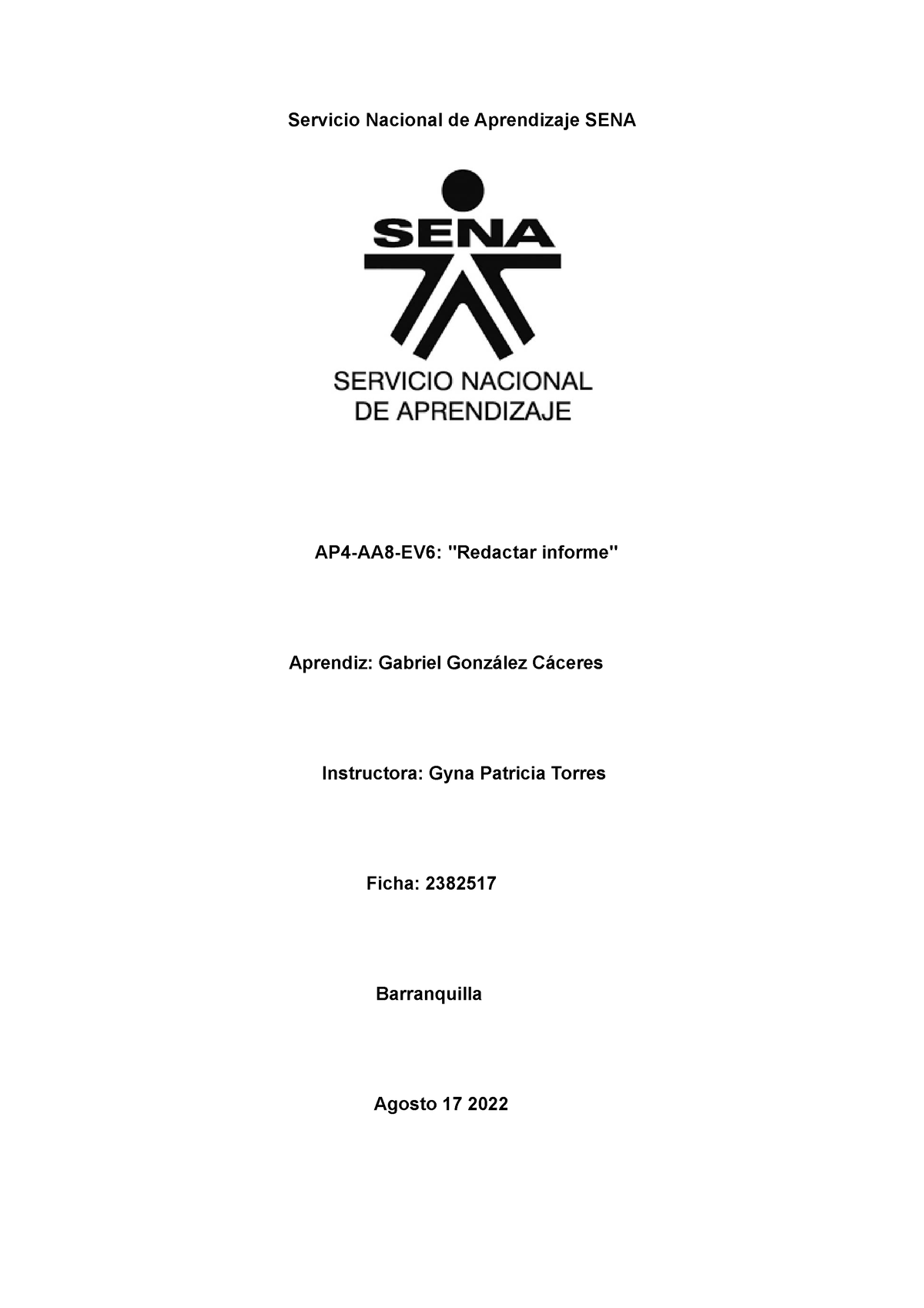Redactar Informe Gabriel Gónzalez Servicio Nacional De Aprendizaje