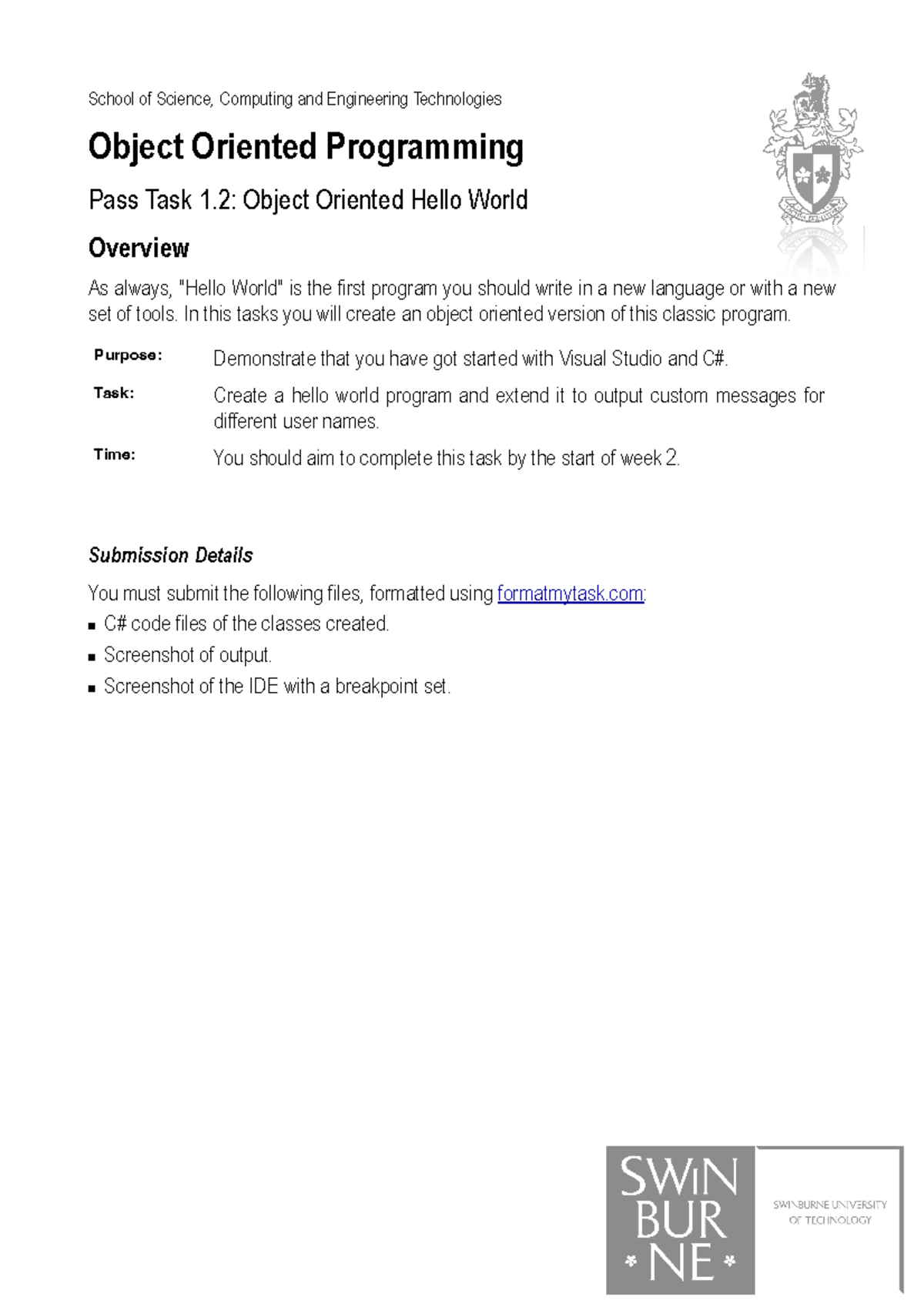 1.2P - Object Oriented Hello World - School of Science, Computing and ...