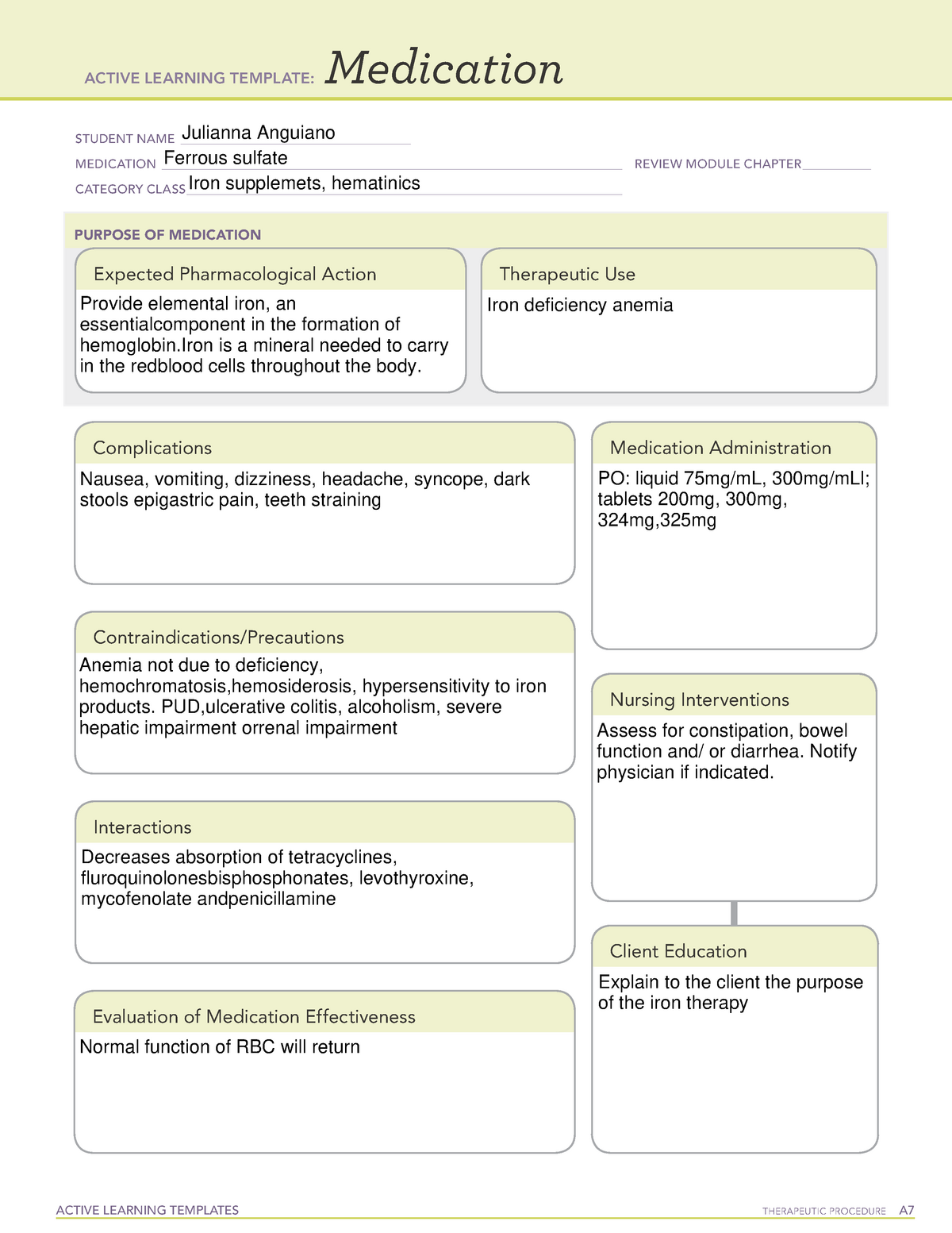 Ferrous sulfate Medication template ATI ACTIVE LEARNING TEMPLATES