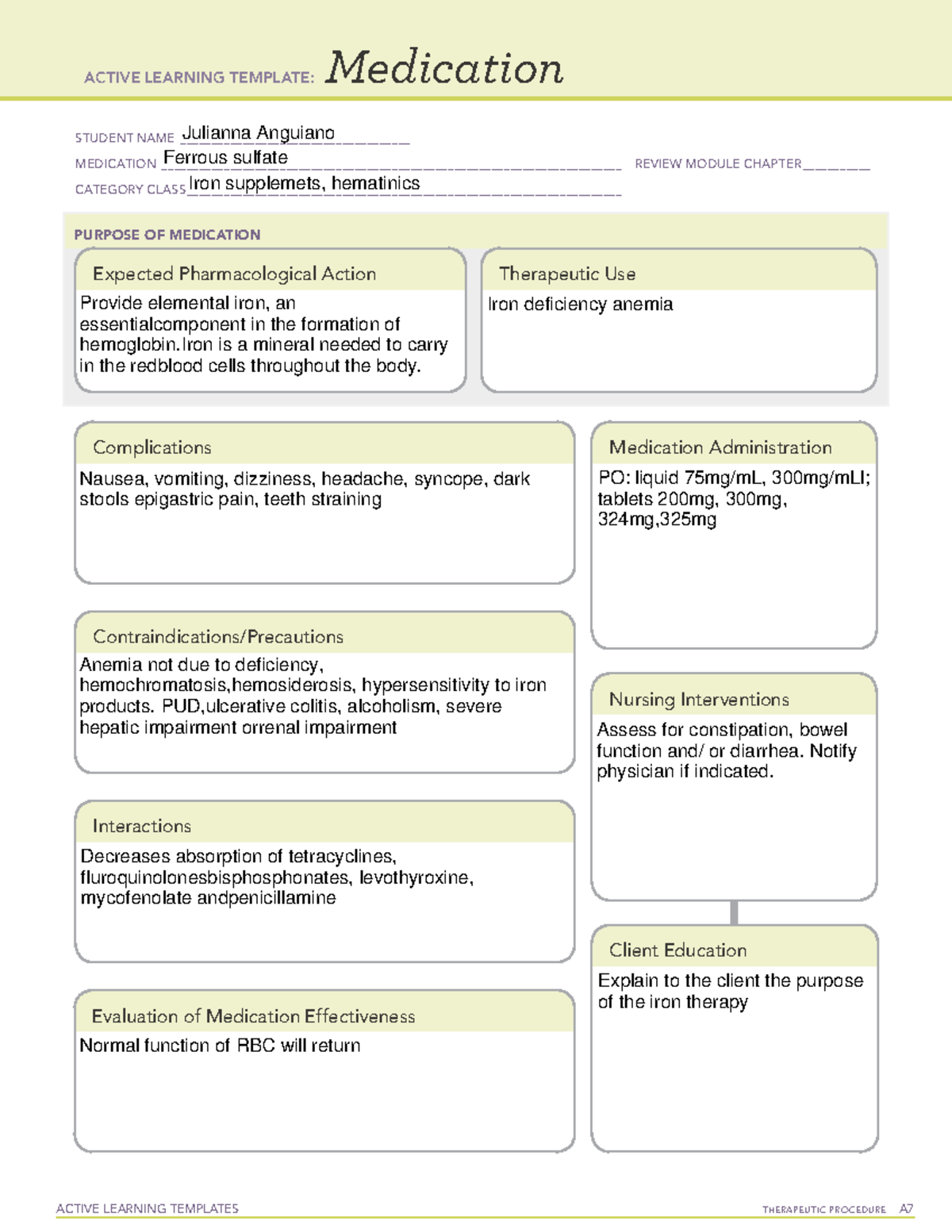 Ferrous Sulfate Medication Template ATI ACTIVE LEARNING TEMPLATES 