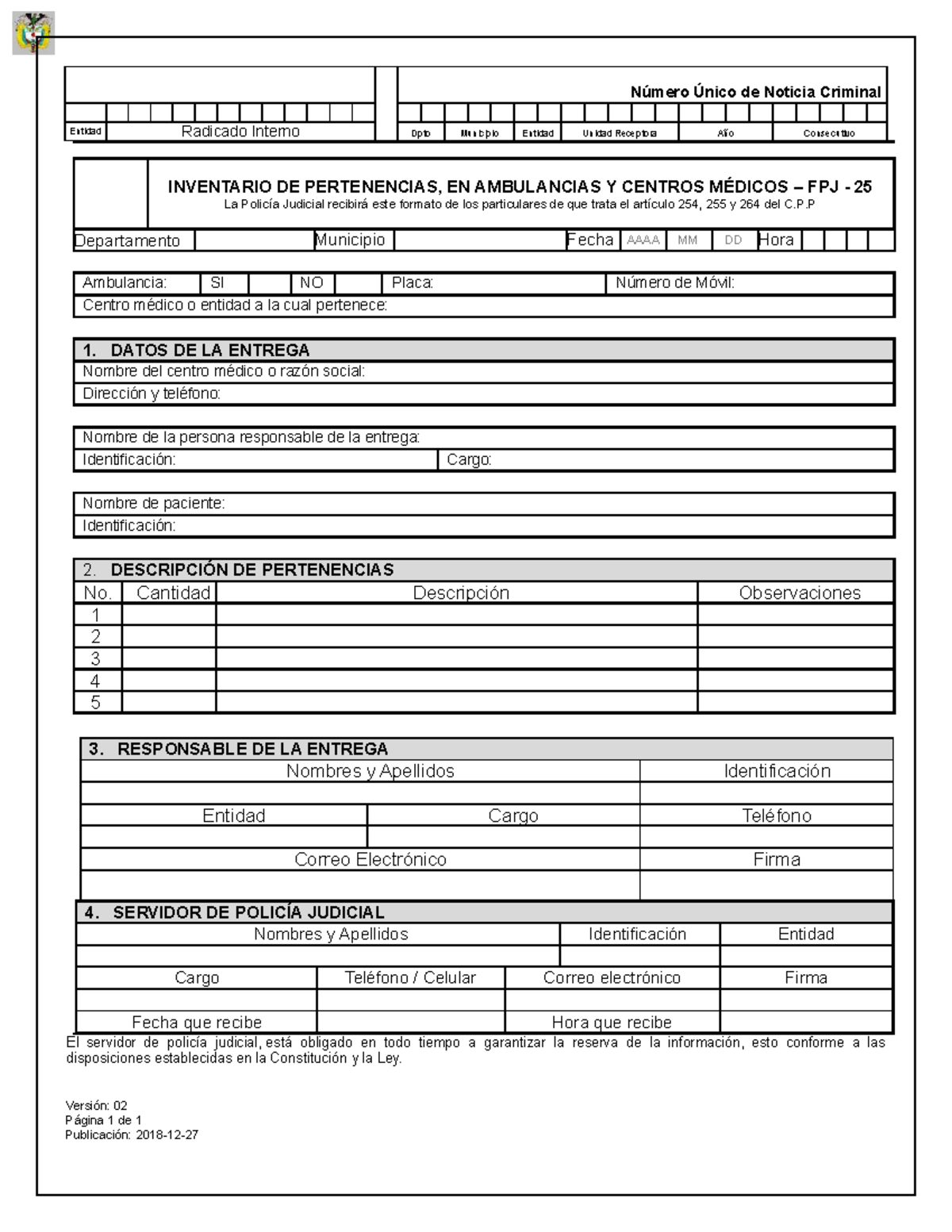 FPJ 25 Inventario pertenencias ambulanic Número Único de Noticia