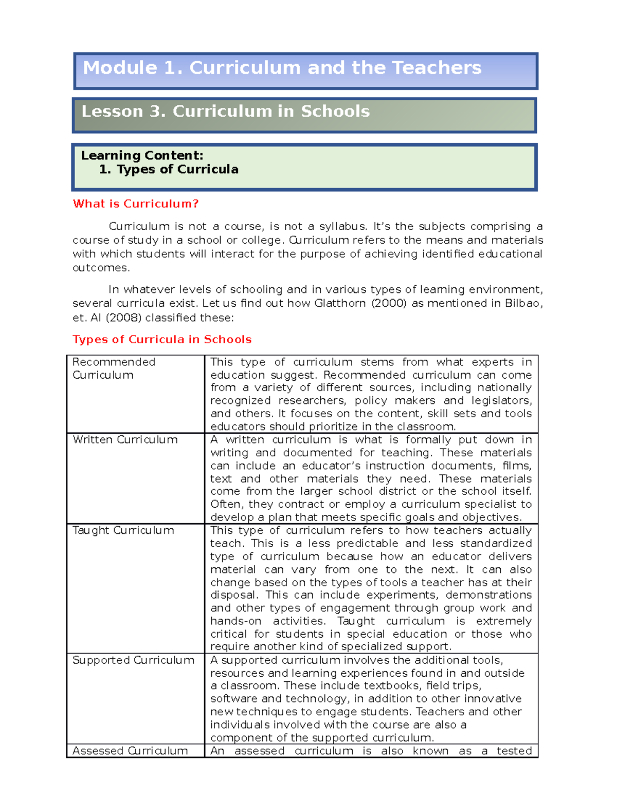 Curriculum in Schools - This module is all about school curricula and ...