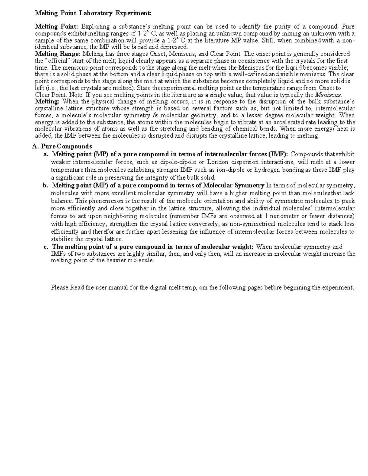 Melting Point Worksheet and Procedures-1 - Melting Point Laboratory ...