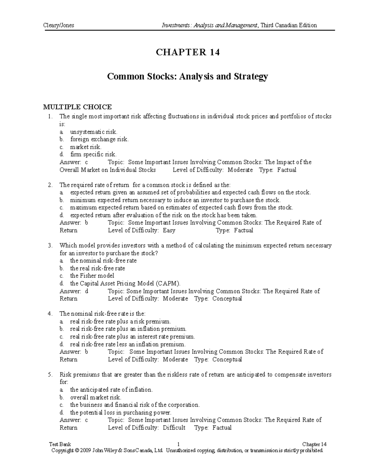 Instructor Test Bank W/ Answers CH14 - Cleary/Jones Investments ...