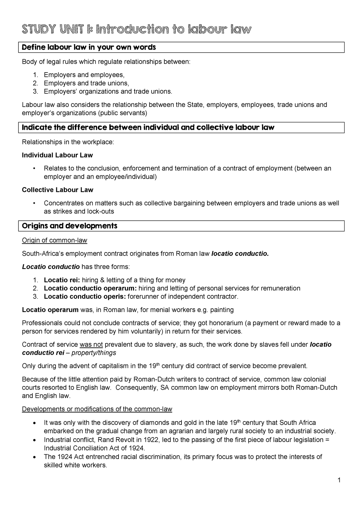 LLAW221 SU 1 - SU 1: Introduction To Labour Law - 2020 - STUDY UNIT 1 ...