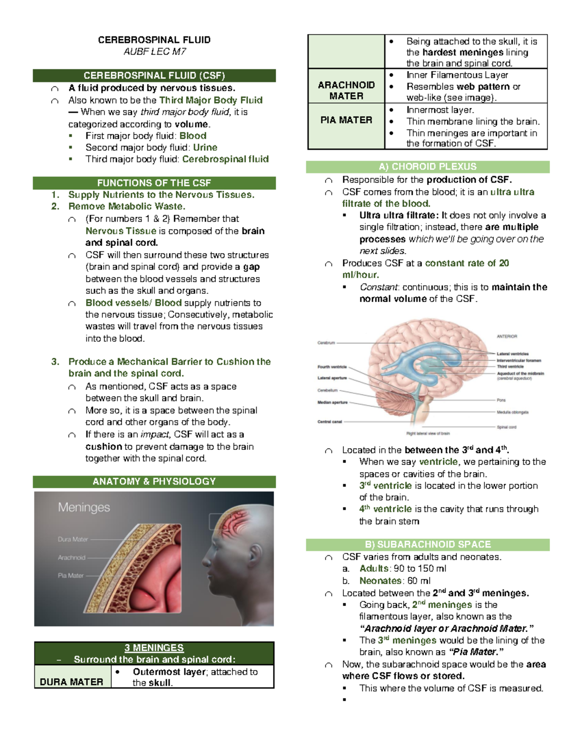 M7-AUB F-LEC - Notes - CEREBROSPINAL FLUID AUBF LEC M CEREBROSPINAL ...