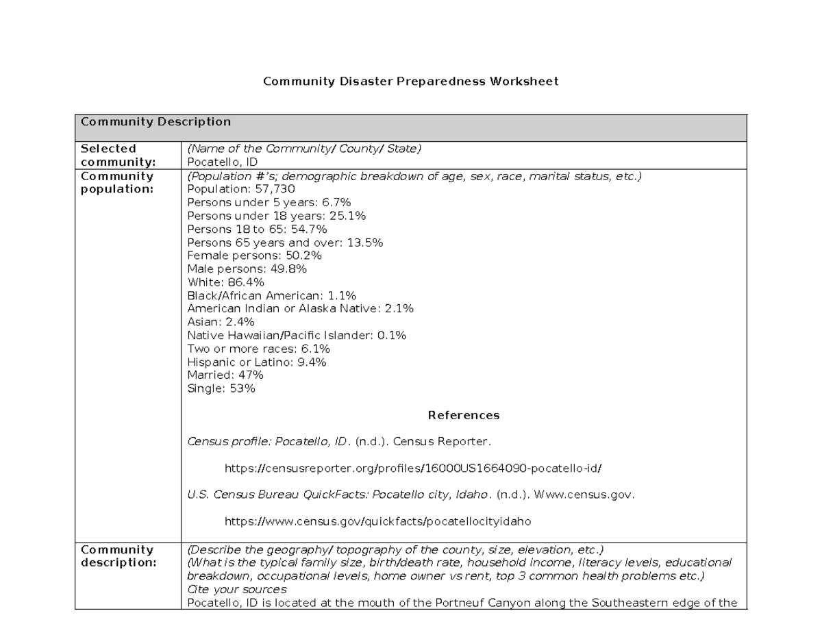 Disaster Prepardness Assessment Worksheet - Community Disaster ...