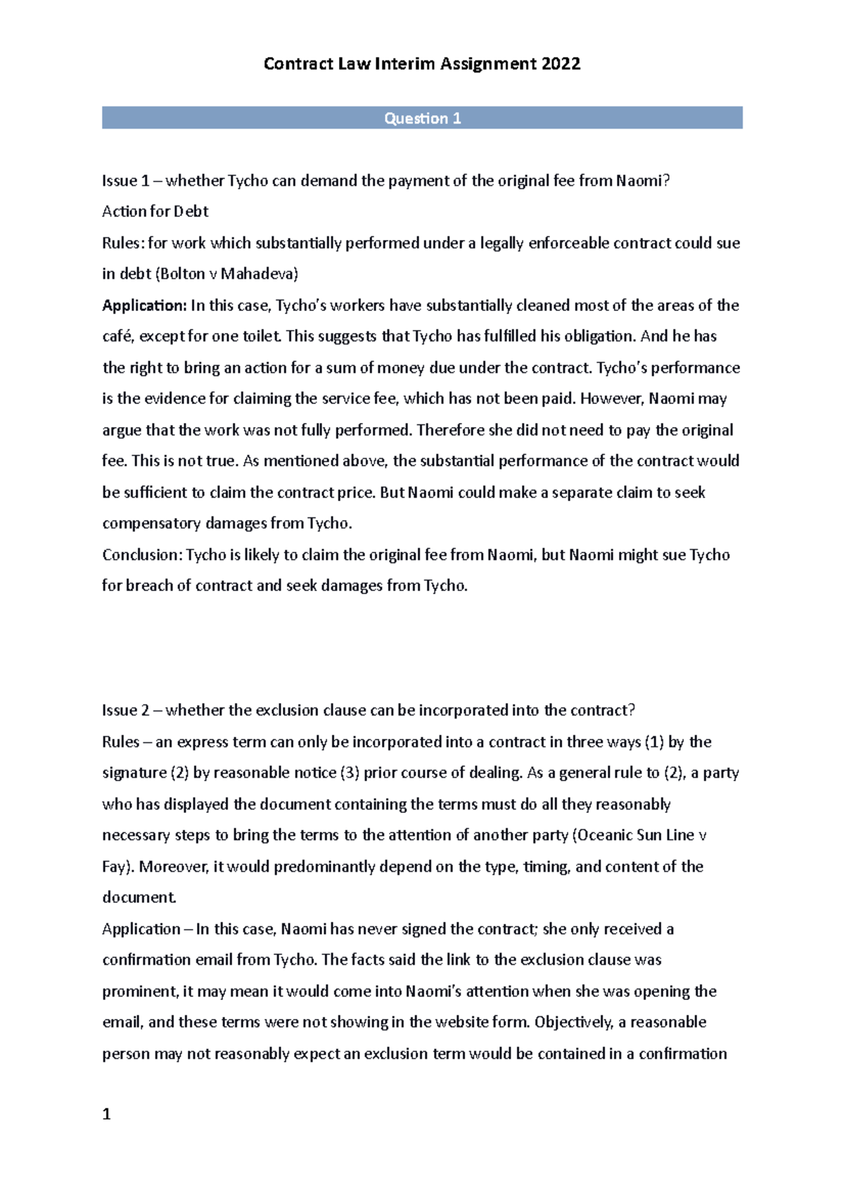 Commercial Transaction 1509 Interim Assignment 2022 - Question 1 Issue ...