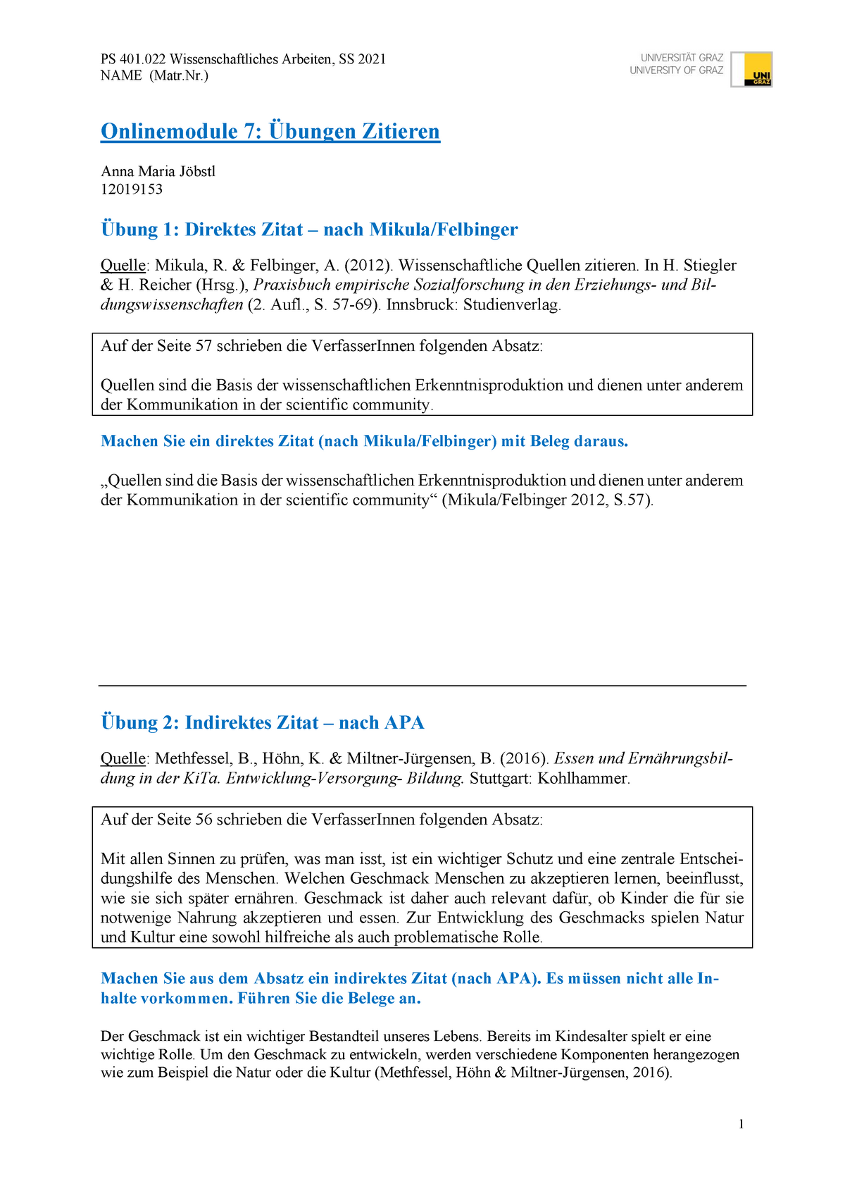 Übung Zitieren 2021 - PS 401 Wissenschaftliches Arbeiten, SS 2021 NAME ...