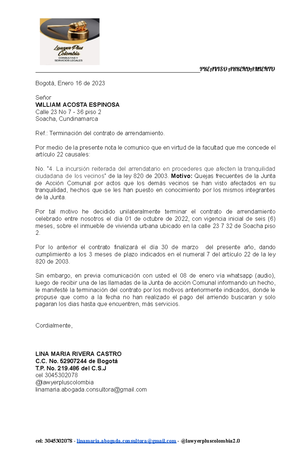 Preaviso Arrendamiento William.docx - Documentos De Google - - Studocu