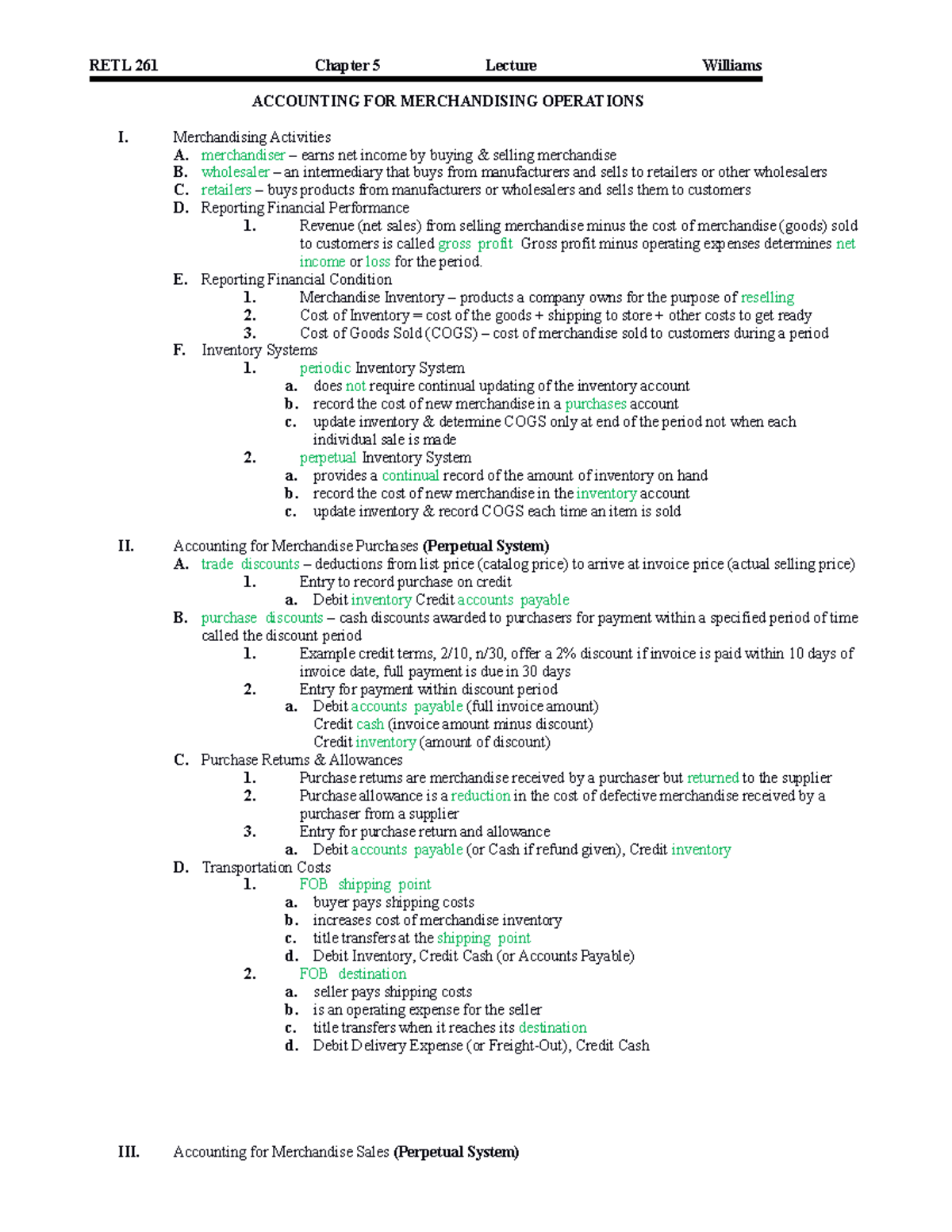 Chapter 5 Notes - RETL 261 Chapter 5 Lecture Williams ACCOUNTING FOR ...