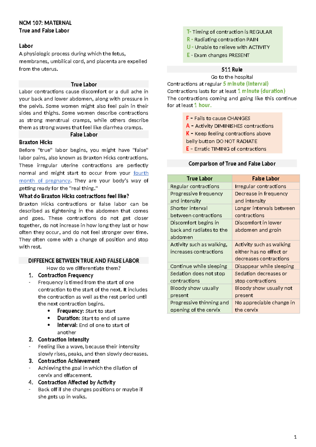 06 - Nursing - NCM 107: MATERNAL True and False Labor Labor A ...