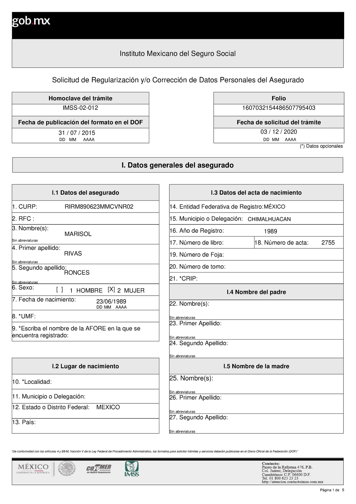 1607032154486507795403 Homoclave Del Trámite Imss 02 Fecha De Publicación Del Formato En El 9881