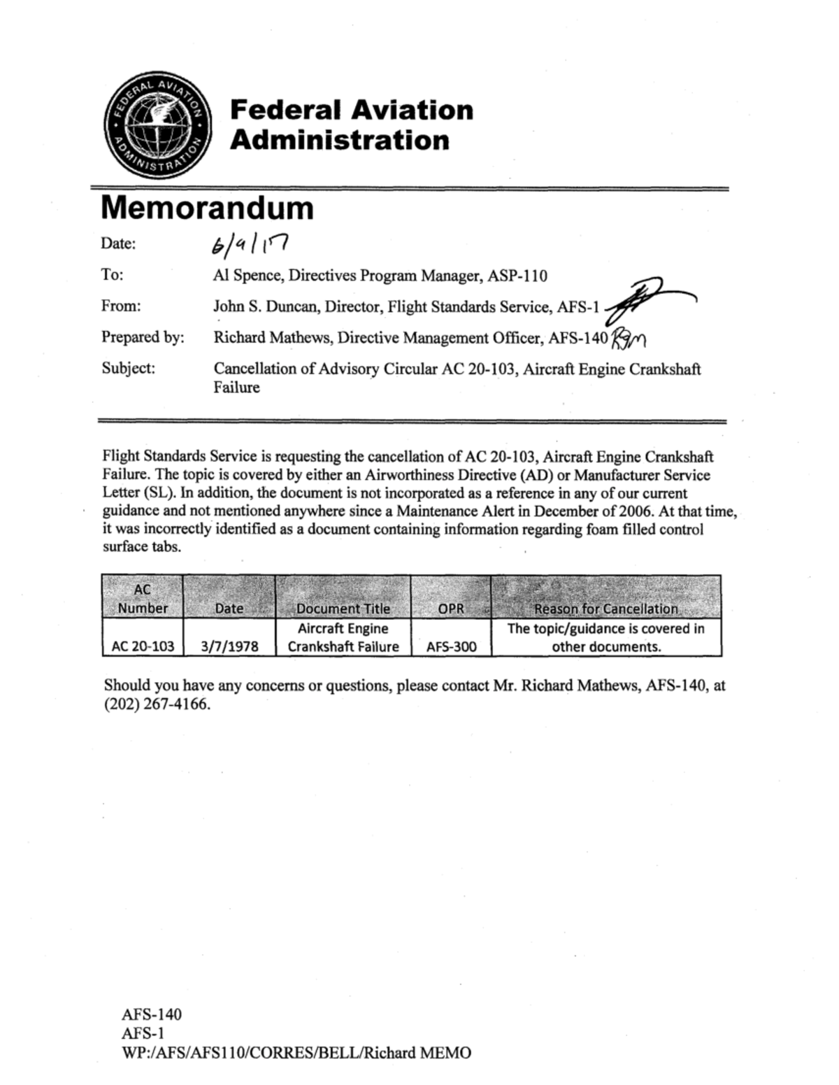 Cancellation Memo AC 20-103 - Federal Aviation Administration ...