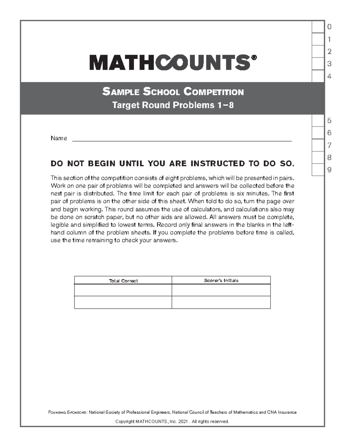 Sample School Competition Target Round Copyright MATHCOUNTS, Inc