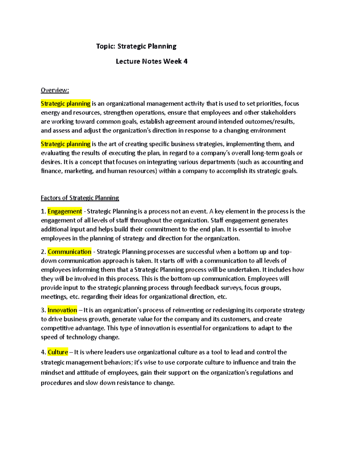 Strategic planning - Topic: Strategic Planning Lecture Notes Week 4 ...