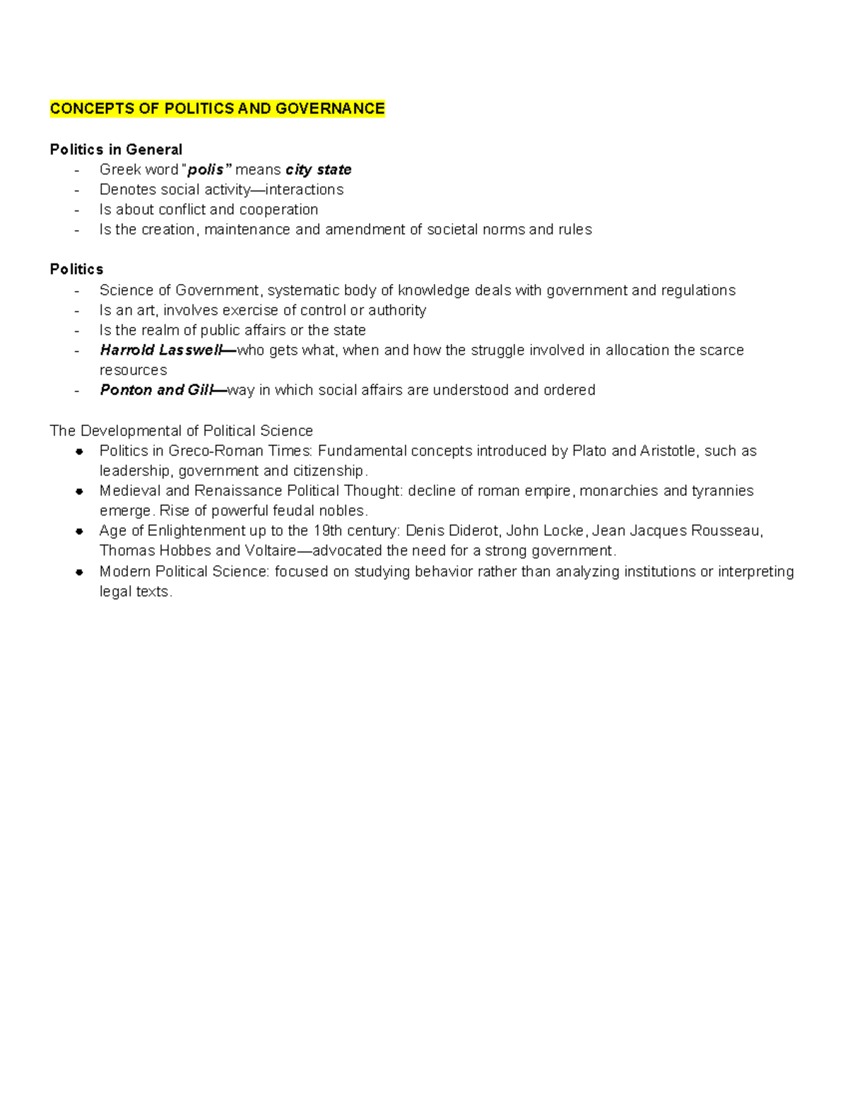 Polvgov - Lecture notes - CONCEPTS OF POLITICS AND GOVERNANCE Politics ...