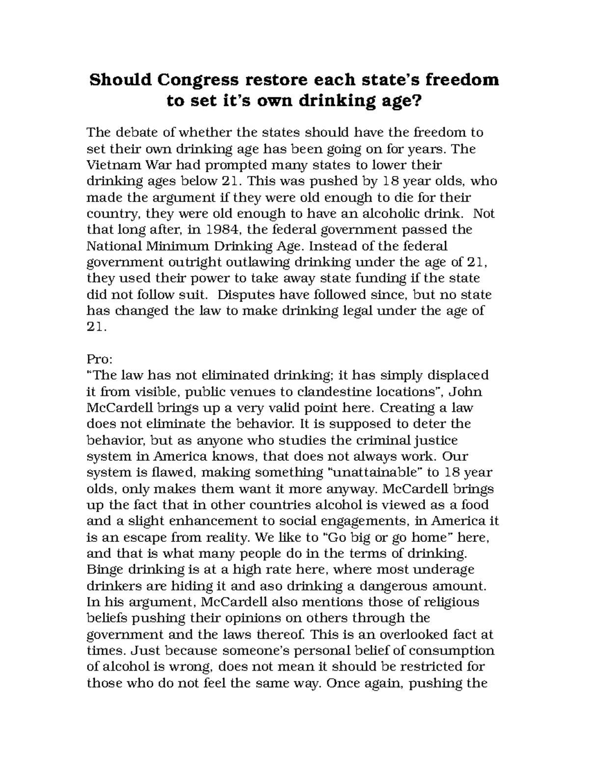 Debate essay 2 - Grade: A - Should Congress restore each state’s ...