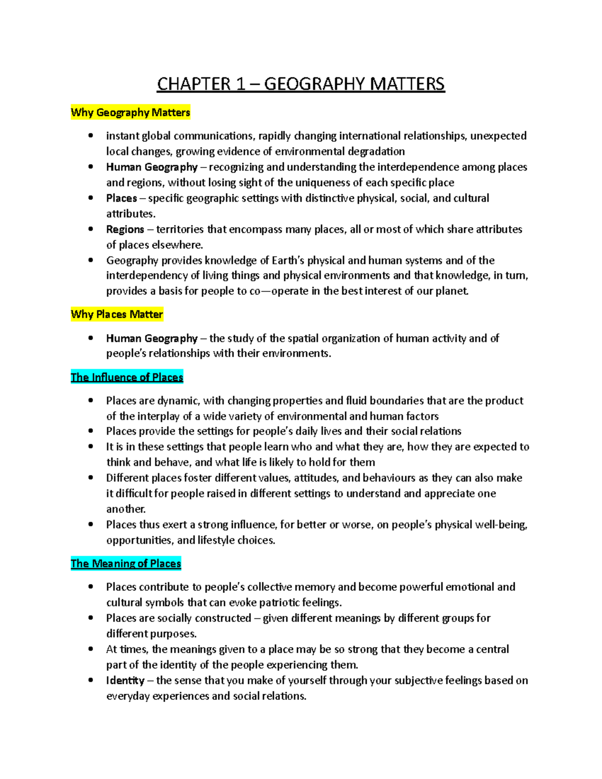 Chapter 1 Why Geography Matters (Notes) CHAPTER 1 GEOGRAPHY MATTERS Why Geography Matters