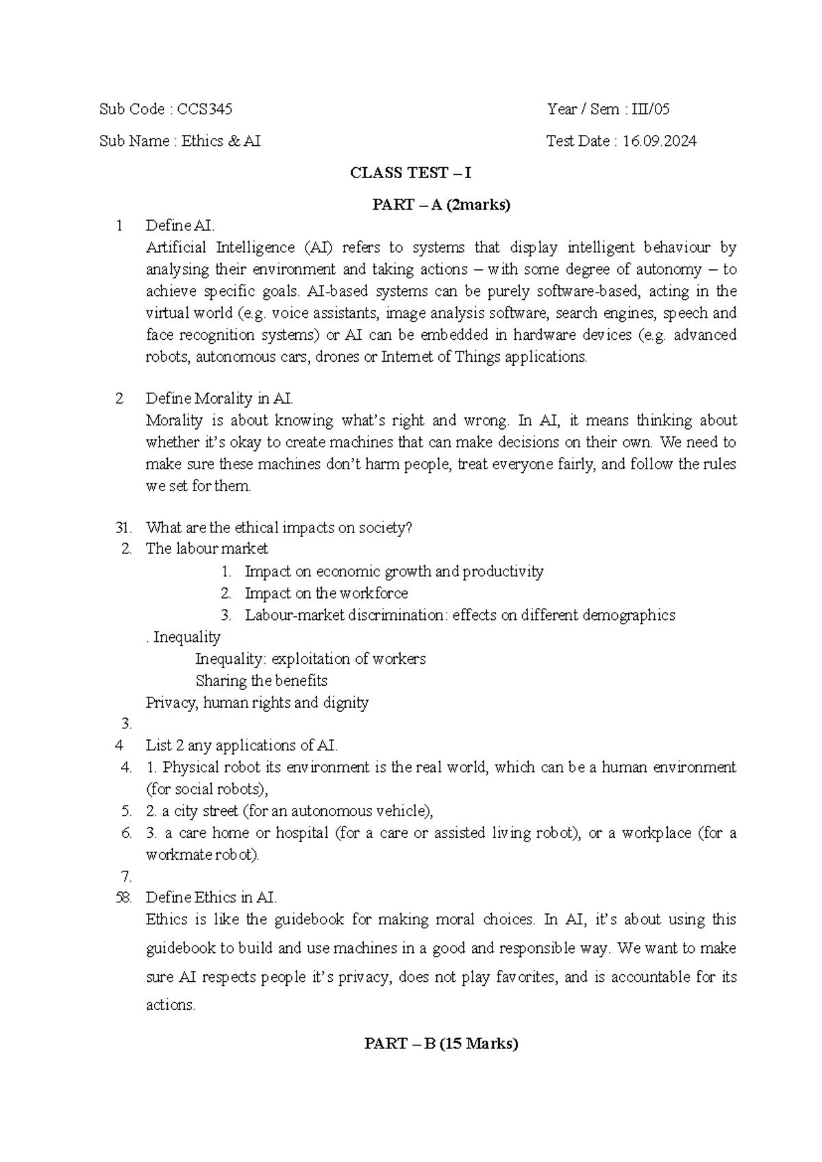 Class test 1 E&AI - Test qp - Sub Code : CCS345 Year / Sem : III/ Sub ...