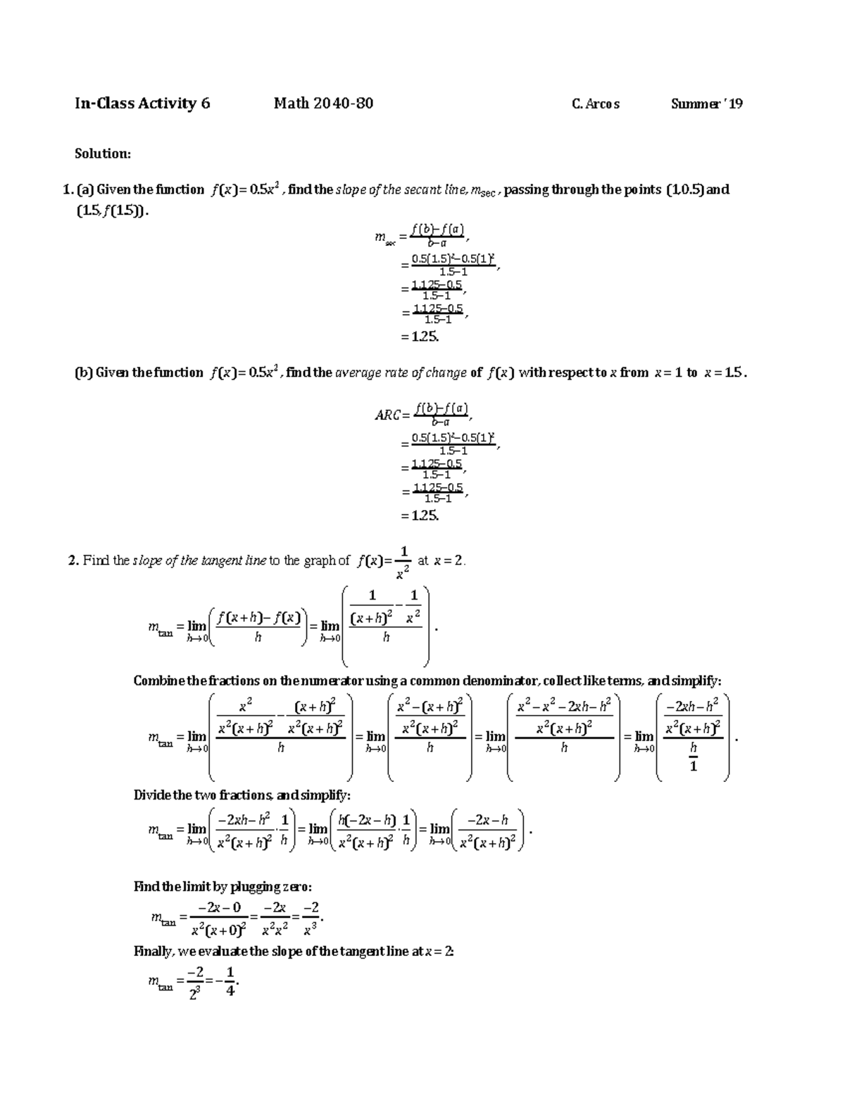 In-Class Activity 6 Solution - In-Class Activity 6 Math 2040-80 C ...