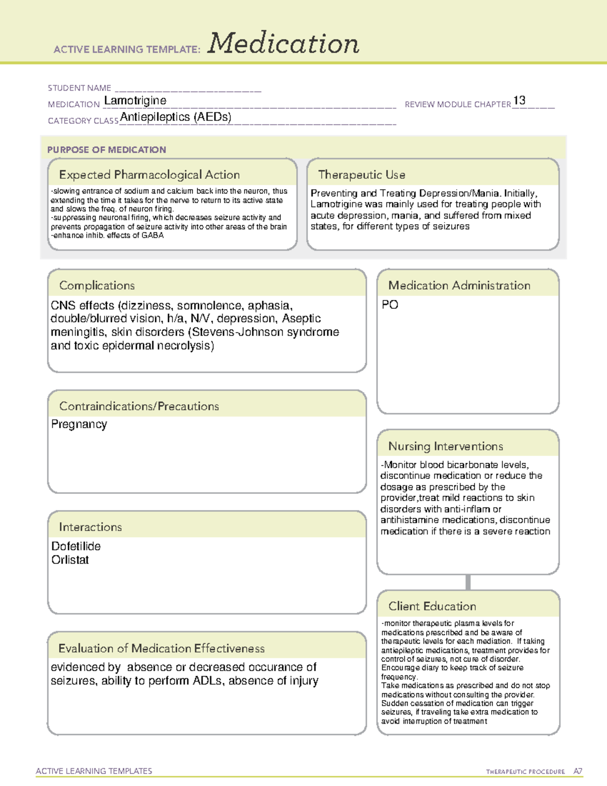 Lamotrigine ATI Medication for ATI template ACTIVE LEARNING TEMPLATES