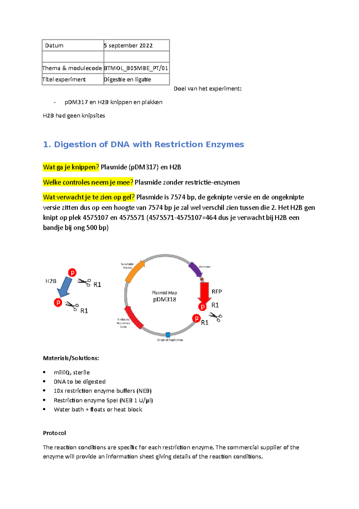 Labjournaal Moleculaire Biologie Experimenteren - Doel Van Het ...