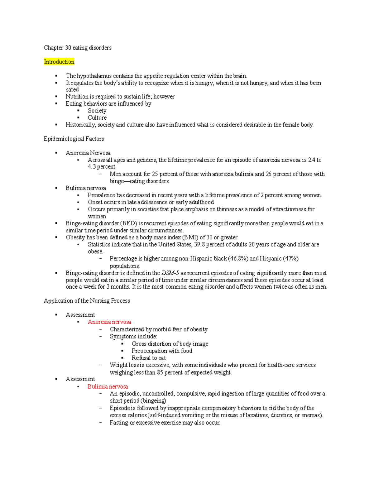 Mental health final - Chapter 30 eating disorders Introduction § The ...